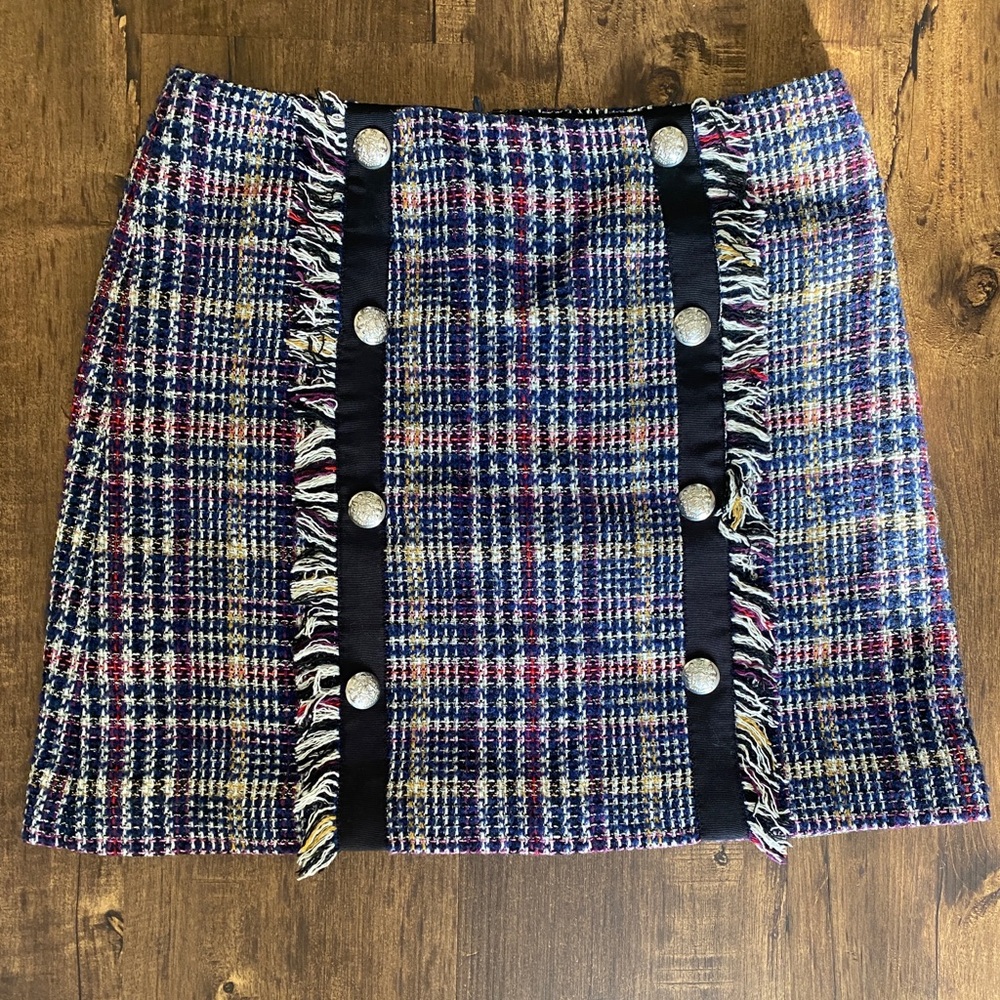 Veronica Beard Plaid Tweed Mini Skirt with Decorative Buttons